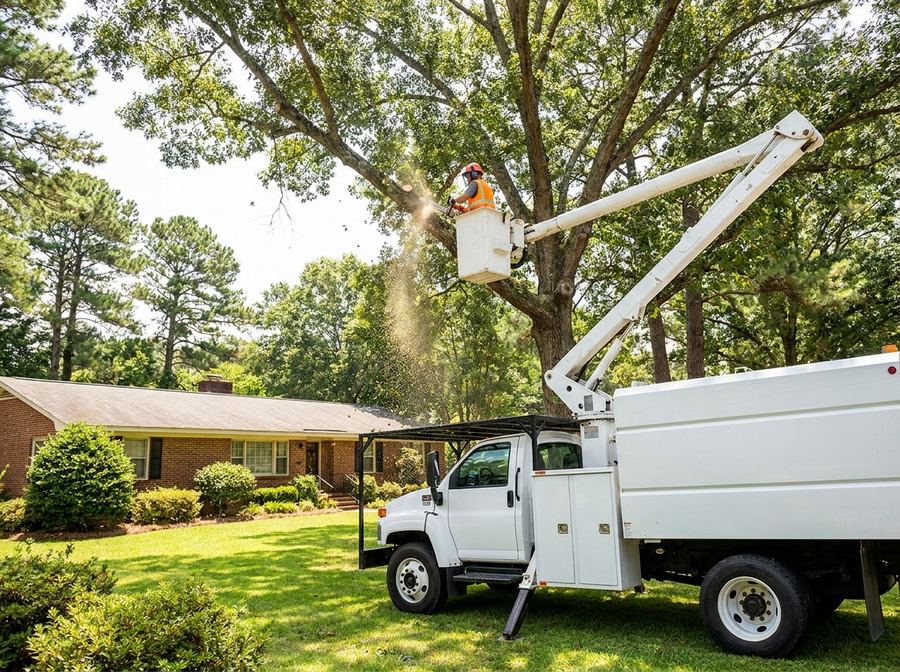 Tree trimming crew using a bucket truck to prune a large oak tree in a Mooresville NC suburban front yard