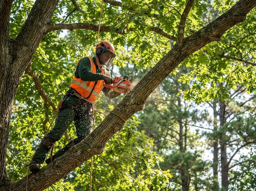 Certified arborist climbing high in a large oak tree with rope and harness, removing limbs with a chainsaw in Mooresville NC