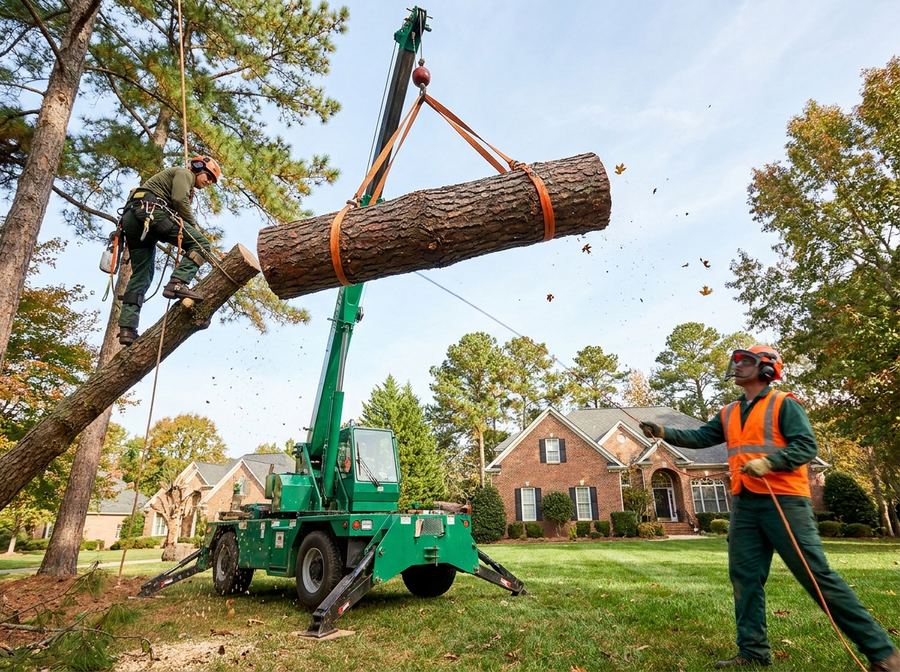 Crane assisting in the controlled removal of a large pine tree at a Mooresville NC home, with a tree service crew rigging the cut section