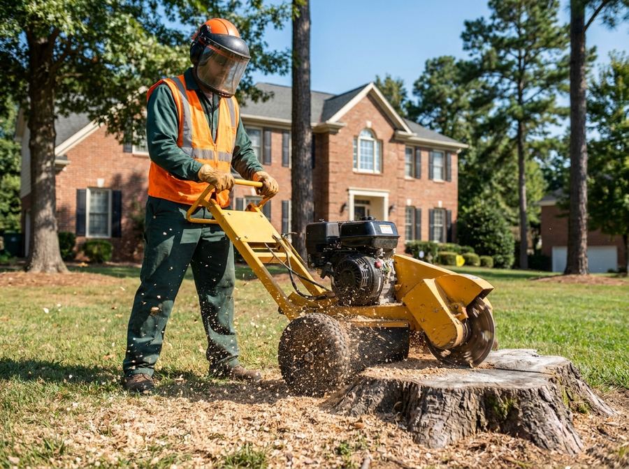 Tree service crew member in safety gear operating a stump grinder on a Mooresville NC residential lawn