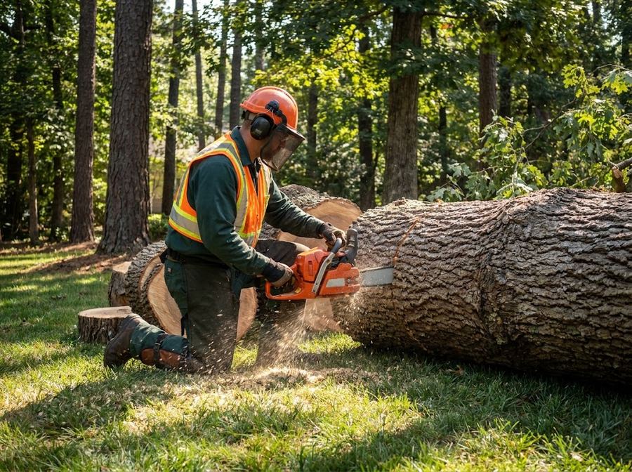 Tree service ground crew cutting up a large fallen oak trunk into firewood rounds with a chainsaw in a Mooresville NC backyard