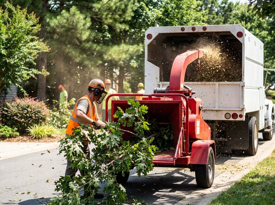 Tree service worker feeding a fallen branch into a commercial wood chipper on a Mooresville NC driveway